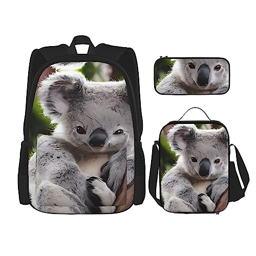Süßer Koala Rucksack 3-teilig Schulranzen mit Brotdose und Federmäppchen Set - Geeignet für Jungen und Mädchen, Schwarz , Einheitsgröße, Kinderrucksack von BHCASE