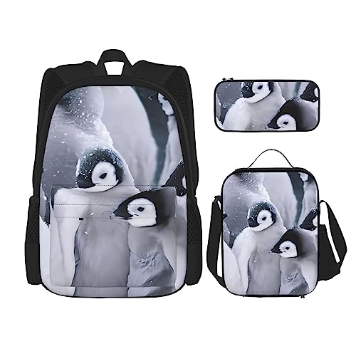Süßer Pinguin Rucksack 3-teilig Schulranzen mit Lunchbox und Federmäppchen Set :>> Geeignet für Jungen und Mädchen, Schwarz , Einheitsgröße, Kinderrucksack von BHCASE