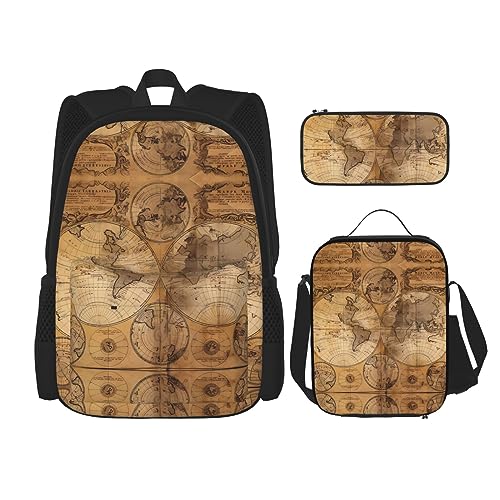 Taschen-Rucksack, Umhängetasche, Lunch-Tasche, Stifttaschen-Set – robust, langlebig und modisch, leichtes Design, Vintage-Motiv mit alter Weltkarte von BHCASE
