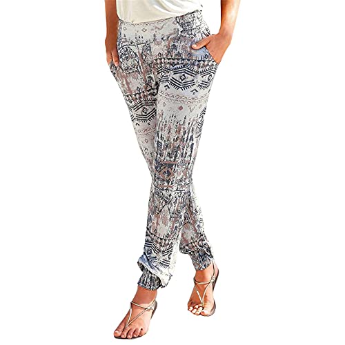 BIBOKAOKE Damen Bedruckte Sporthose Weites Bein Hose Locker Boho Lang Hippie Hose Haremshose Sommerhose Gummibund Freizeithose mit Taschen Jogginghose Beach Pants Freizeit Sweathose von BIBOKAOKE