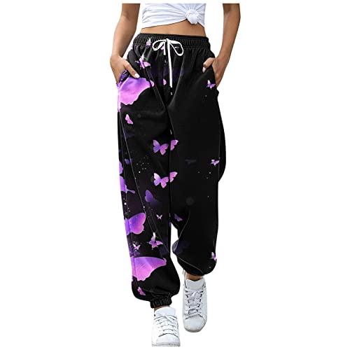 BIBOKAOKE Damen Casual Schmetterling Print Jogginghose Sporthose Lang Yoga Hose Freizeithose Laufhosen High Waist Trainingshose Sweathose für Frauen Sweatpants mit Tasche und Kordelzug von BIBOKAOKE