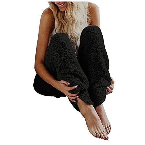 BIBOKAOKE Damen Hose Teddy Fleece Plüsch High Waist Elegant Winter Warm Hosen Frauen Elastischer Bund Flauschig Lang Einfarbig Freizeithose Yogahose Haushose Loose Schlafanzughose von BIBOKAOKE