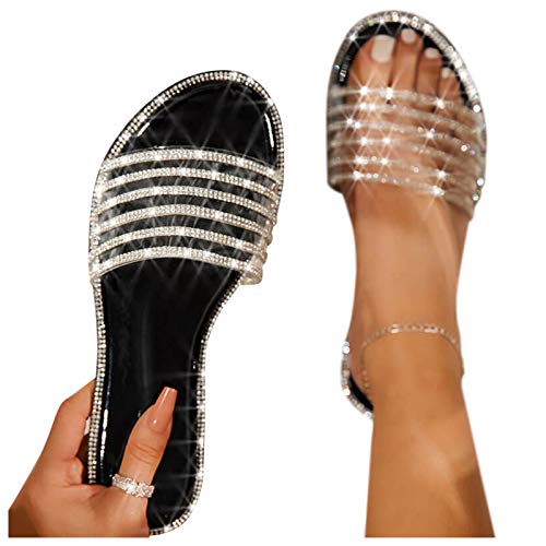 BIBOKAOKE Sandalen Damen Sommer Flache Sandalen Strass Sandaletten Römische Schuhe Elegante Glitzer Hausschuh Slipper Sandals Flip Flops Leicht Bequem Slippers Sommerschuhe Freizeitschuhe von BIBOKAOKE