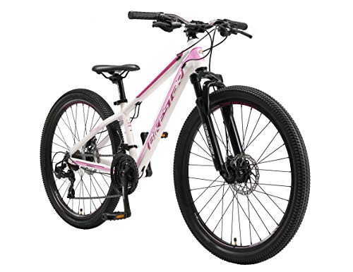 BIKESTAR Hardtail Aluminium Mountainbike Shimano 21 Gang Schaltung, Scheibenbremse 26 Zoll Reifen | 13 Zoll Rahmen Alu MTB | Weiß Pink von BIKESTAR