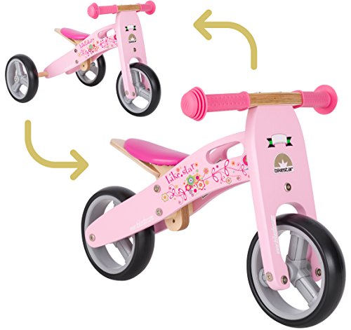 BIKESTAR Mini Kinder Laufrad Holz Lauflernrad mit DREI Rädern für Jungen und Mädchen ab 1 – 1,5 Jahre | 2 in 1 Kinderlaufrad | Flamingo Pink | Risikofrei Testen von BIKESTAR