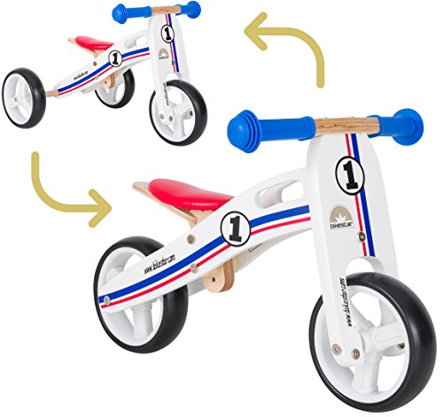 BIKESTAR Mini Kinder Laufrad Holz Lauflernrad mit DREI Rädern für Jungen und Mädchen ab 1 – 1,5 Jahre | 2 in 1 Kinderlaufrad | Weiß Blau Rot | Risikofrei Testen von BIKESTAR