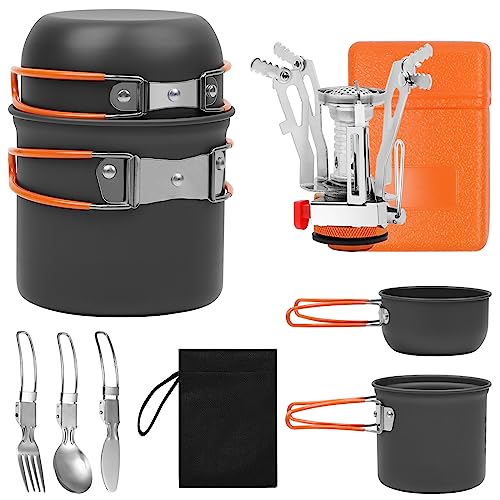 BILIPLE Camping Geschirr Set 8-teiliges Outdoor Kochgeschirr mit Mini Gaskocher Besteck Camping Kochgeschirr für 1-2 PersonenOutdoor Picknick Wandern (8-teiliges) von BILIPLE