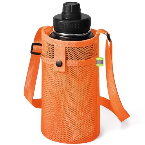 Große Wasserflaschen-Tasche mit Gurt, großer Netz-Wasserflaschenhalter, Crossbody-Tasche, Schultergurt und Tasche, leichter Wasserflaschenträger für Spaziergänge, Sport, Wandern, Camping (Orange) von BINSUNS