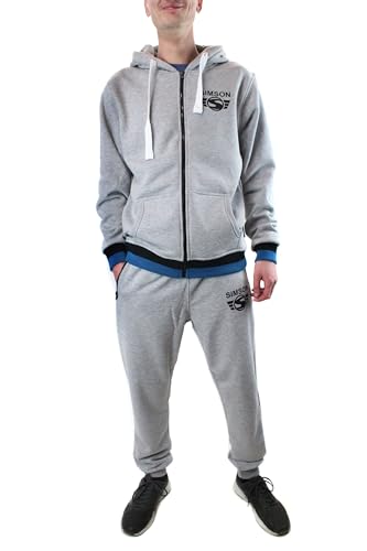 BISOMO Simson Jogginganzug Jacke mit Zipper, Tasche + Kapuze, Hose mit Reißverschluss-Taschen, Grau mit farbigem Bund + Logo (XXL) von BISOMO