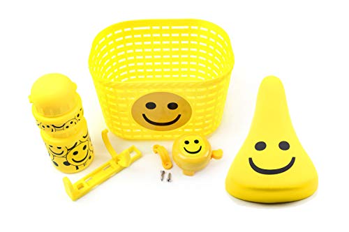Set aus Sattel, Fahrradkorb, Trinkflasche und Klingel für Kinder in Gelb mit Smiley für Laufrad, Dreirad, Fahrrad, Roller von BISOMO