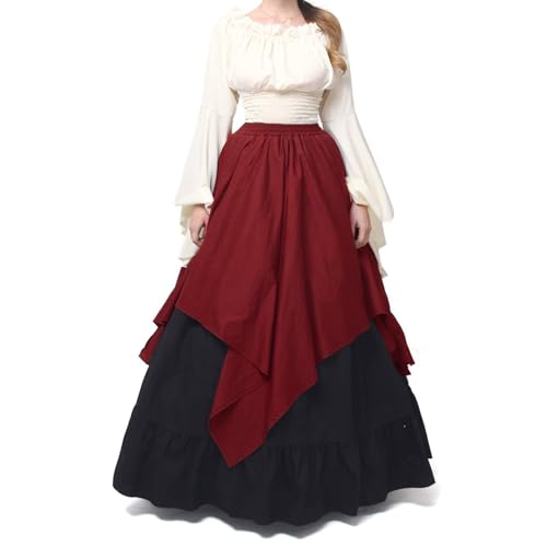 Amerikanisches Mittelalterliches Langarmkleid, Mittelalterliches Renaissance-Kleid, Mittelalterliches Renaissance-Kostümkleid Für Damen, Feenkleid (Rot,L) von BIUBIULOVE