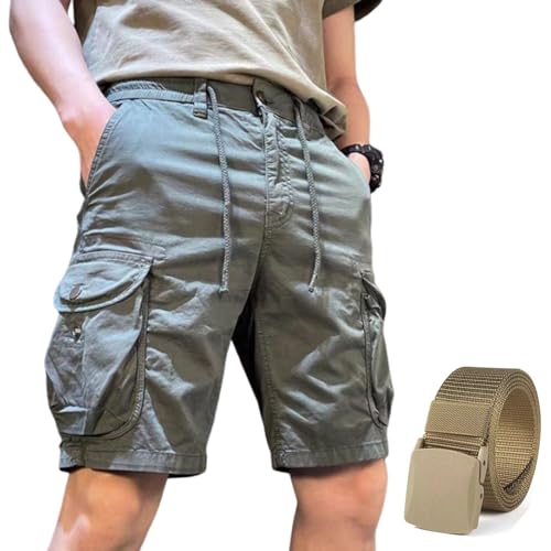 Lässige Outdoor-Wander-Cargo-Shorts Für Herren, Cargo-Shorts, Wander-Shorts, Kordelzug, Lässige Shorts Mit Nylon-Gürtel (Green,2XL) von BIUBIULOVE