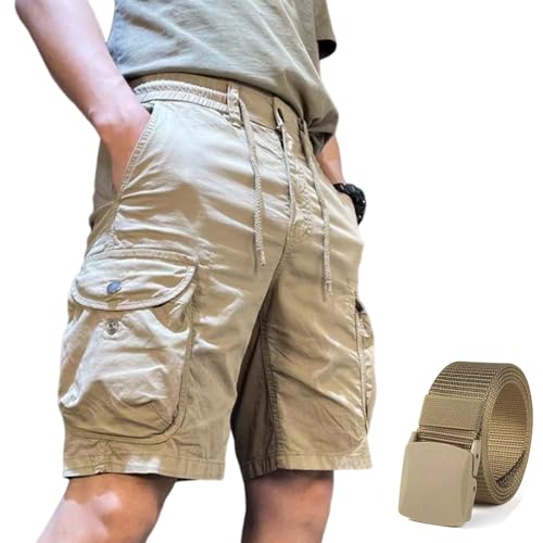 Lässige Outdoor-Wander-Cargo-Shorts Für Herren, Cargo-Shorts, Wander-Shorts, Kordelzug, Lässige Shorts Mit Nylon-Gürtel (Khaki,3XL) von BIUBIULOVE