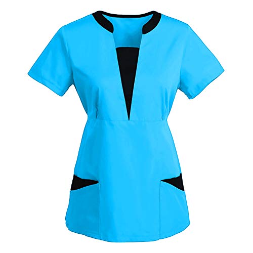 BJJH Elektronik Arbeitskleidung Pflege Damen Uniformen Einfarbig V-Ausschnitt Schlupfhemd Kasack Kurzarm Schlupfkasack Berufskleidung T-Shirts mit Taschen (Blau, L) von BJJH Elektronik