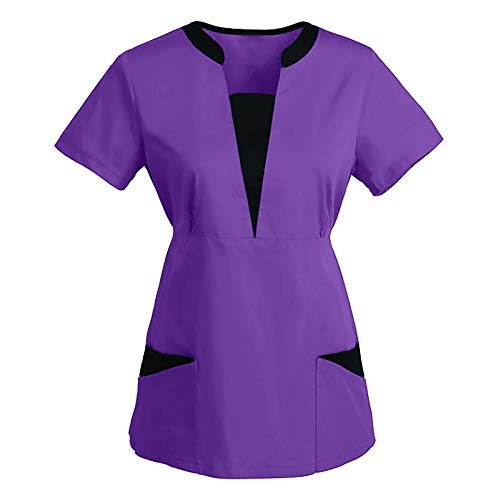 BJJH Elektronik Arbeitskleidung Pflege Damen Uniformen Einfarbig V-Ausschnitt Schlupfhemd Kasack Kurzarm Schlupfkasack Berufskleidung T-Shirts mit Taschen (Lila, M) von BJJH Elektronik