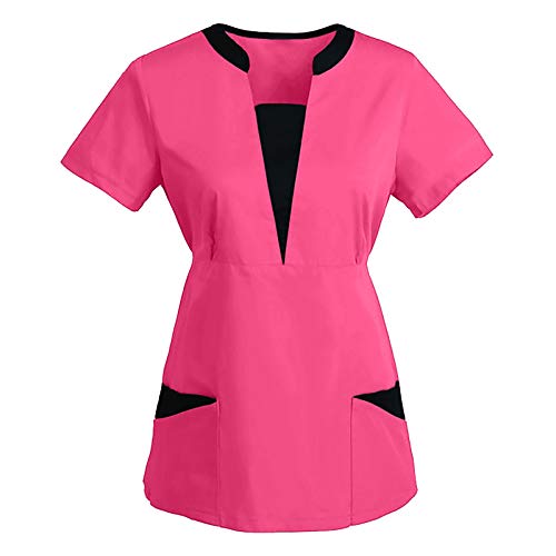 BJJH Elektronik Arbeitskleidung Pflege Damen Uniformen Einfarbig V-Ausschnitt Schlupfhemd Kasack Kurzarm Schlupfkasack Berufskleidung T-Shirts mit Taschen (Pink, M) von BJJH Elektronik