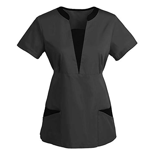 BJJH Elektronik Arbeitskleidung Pflege Damen Uniformen Einfarbig V-Ausschnitt Schlupfhemd Kasack Kurzarm Schlupfkasack Berufskleidung T-Shirts mit Taschen (Schwarz, XXXL) von BJJH Elektronik