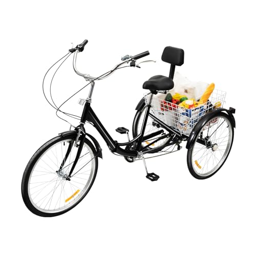 BJTDLLX Dreirad Fahrrad für Erwachsene 24 Zoll 7 Gang äLteres Fahrrad-Dreirad Cruise Bikes Outdoor-Dreirad Seniorendreirad mit Einkaufskorb und Rückenlehne für Reisen, Radfahren(Schwarz) von BJTDLLX