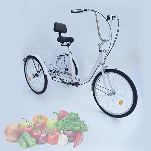 BJTDLLX Dreirad für Erwachsene 24 Zoll 6 Gänge Senioren Dreirad 3 Räder, Stahlrahmen, Cityräder Adult Tricycle mit Einkaufskorb für Erwachsene und ältere Menschen, Weiß von BJTDLLX