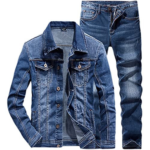 Punk Style Herren Jeans Sets Einfache Blau Langarm Jacke Und Jeans 5XL Zweiteilige Casual Paar Denim Anzug Blau Jacke XL Jeans 34 von BKDTDYL