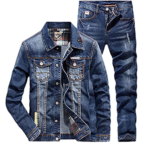 Punk Style Herren Sets Frühling Mode Casual Ripped Loch Langarm Jeansjacke + Jeans 2 Stück Set Paar Denim Anzug 8015 Jacke XL Jeans 36 von BKDTDYL