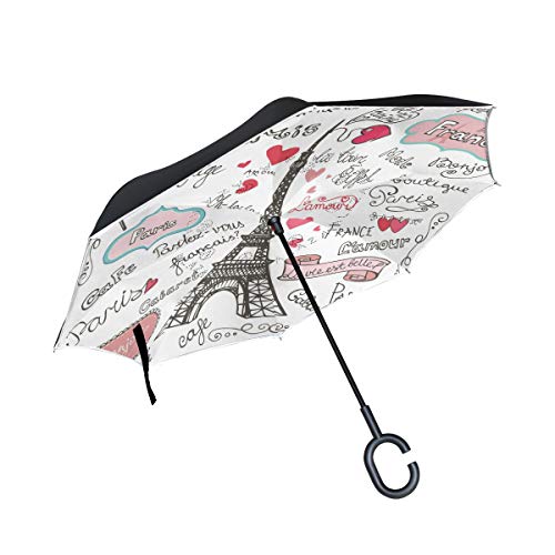 BKEOY Doppelschichtiger Invertierter Regenschirm I Love You Eiffelturm, tragbar, groß, Winddicht, wasserdicht für Outdoor-Reisen von BKEOY