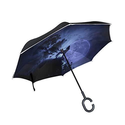 BKEOY Doppelschichtiger umgekehrter Regenschirm Halloween Horror Nacht Wolf tragbar Auto Rückwärtsschirm groß Winddicht Wasserdicht für Outdoor Reisen von BKEOY