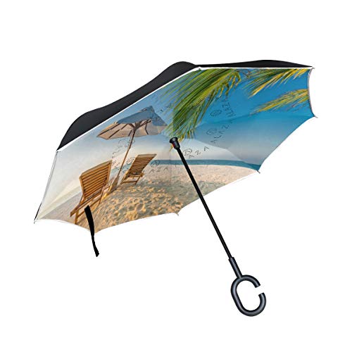 BKEOY Doppelschichtiger umgekehrter Regenschirm für den Sommer, Tropische Strand, Palme, tragbar, Auto-Rückwärtsschirme, groß, Winddicht, wasserdicht für Outdoor-Reisen von BKEOY