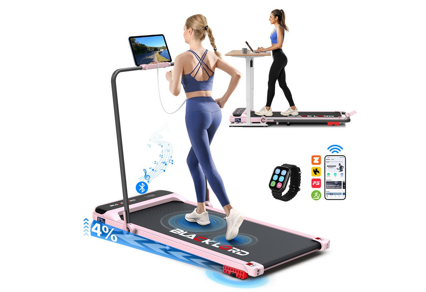 BLACK LORD Laufband für Zuhause, Walking Pad, Klappbares Untertisch-Laufband mit Armlehne (125 x 56 x 109 cm), mit Bluetooth, Fernbedienung, Lautsprecher, 1-14km/h von BLACK LORD