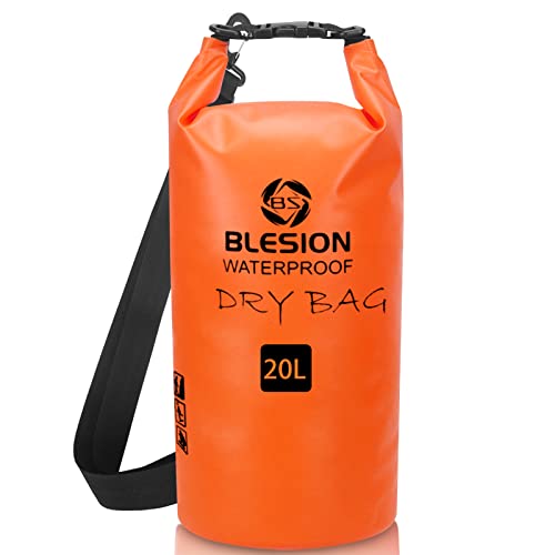 BLESION Dry Bag 5L/10L/15L/20L/30L Wasserdichte Tasche Verstellbarer Schultergurt, Wasserdichter Rucksack für Kajakfahren, Angeln, Schwimmen, Camping, Wandern Reisen, Wassersport Treiben (Orange, 20L) von BLESION