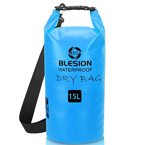 BLESION Dry Bag 5L/10L/15L/20L/30L wasserdichte Tasche Verstellbarer Schultergurt, Wasserdichter Rucksack für Kajakfahren, Angeln, Schwimmen, Wandern Reisen (Himmelblau, 15L) von BLESION