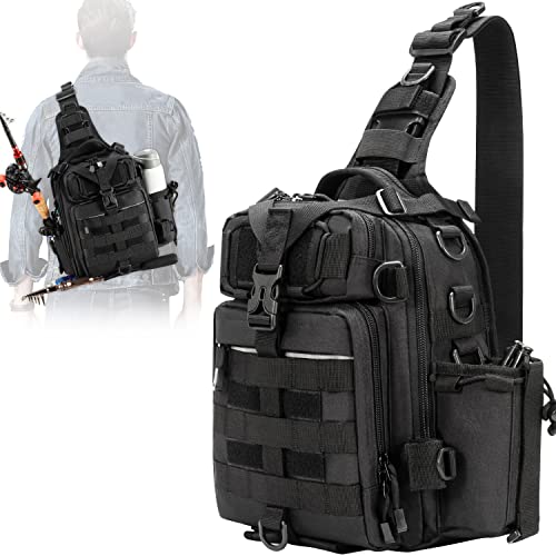 Blisswill Angelrucksack, große Angeltasche, für draußen, wasserabweisender Angelrucksack mit Rutenhalter, Schulterrucksack, Schwarz von BLISSWILL