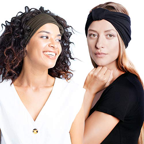 BLOM Original Stirnband, 2 Stück. Damen-Stirnbänder, perfekt für Yoga, Mode, Workout, Sport, Fitnessstudio, athletische Übung. Breiter Schweißableitend und dehnbar. (Schwarz + Dunkeloliv) von BLOM