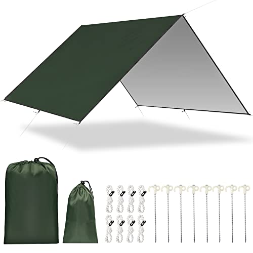 Camping Zeltplane 300 cm x 400 cm wasserdichte Anti-UV-Hängemattenplane mit 8 Erdnägeln und 8 Seilen für Picknick im Freien von BLUEVER