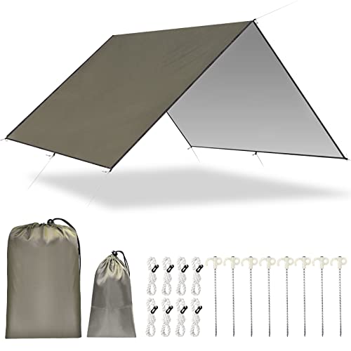 BLUEVER Camping Zeltplane 300 cm x 300 cm/400 cm wasserdichte Anti-UV-Hängemattenplane mit 8 Erdnägeln und 8 Seilen für Picknick im Freien von BLUEVER