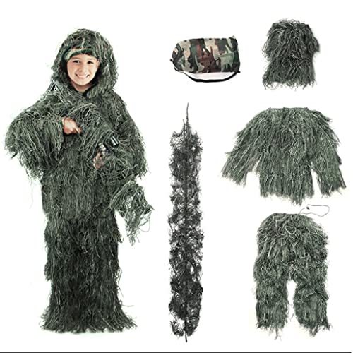 Tarnanzug Dschungel Ghillie Suit, Wald Ghillie Suit, 3D Atmungsaktives Taktisches, Tarnkleidung Jagd Paintball Airsoft Sniper Camouflage Set 4-Teilig für Kind Und Erwachsene A,150 von BLUEZY