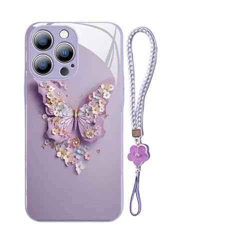 BLULOO with iPhone 15 Hülle Flache Schmetterling Muster Glashülle Für iPhone 15 14 13 12 11 Pro Max Fairy Schmetterling Glas Handyhülle-Für iPhone 12Promax-Die Lila Lanyard von BLULOO