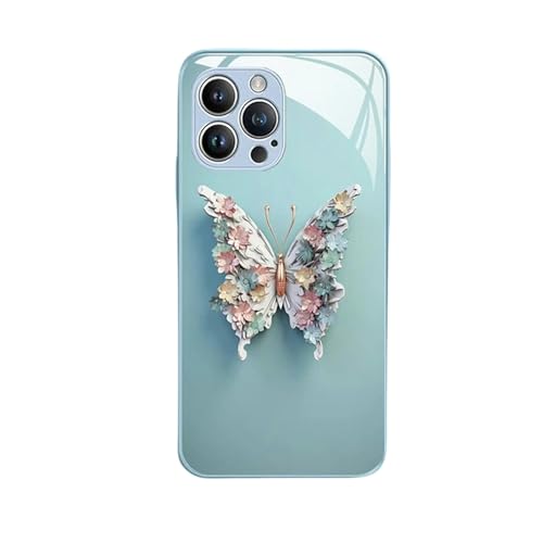 BLULOO with iPhone 15 Hülle Flache Schmetterling Muster Glashülle Für iPhone 15 14 13 12 11 Pro Max Fairy Schmetterling Glas Handyhülle-Für iPhone 15Pro-Blau von BLULOO