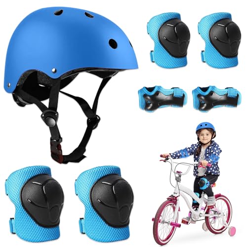 BNGXR Knieschoner Kinder mit Helm, 5 in 1 Protektorenset Kinder mit Knieschoner und Handgelenkschoner Inliner Schutzausrüstung für Fahrrad Skateboard Rollschuhe Hoverboard (Blau) von BNGXR
