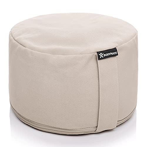 BODYMATE Extra-Hohes Yogakissen rund 31cm Durchmesser 20cm hoch Beige mit Buchweizen-Spelz Füllung – Maschinenwaschbarer Bezug aus 100% extra Dicker Baumwolle – Meditationskissen – Sitzkissen von BODYMATE