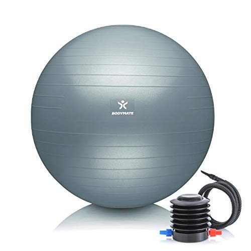 BODYMATE Gymnastikball Sitzball Trainingsball mit GRATIS E-Book inkl. Luft-Pumpe, Ball für Fitness, Yoga, Gymnastik, Core Training, für starken Rücken als Büro-Stuhl COOL-Grey-Blue 55cm von BODYMATE