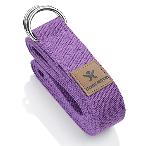 BODYMATE Yogagurt mit Verschluss aus Metall, Yoga-Band für Anfänger und Fortgeschrittene, Yoga-Schlaufe aus 100% Baumwolle, Yoga-Strap 250cm lang und 3,8 cm breit, Purple von BODYMATE