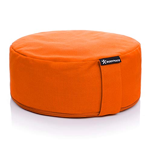 BODYMATE Yogakissen rund 31cm Durchmesser 13cm hoch Orange mit Buchweizen-Spelz Füllung – Maschinenwaschbarer Bezug aus 100% extra Dicker Baumwolle – Meditationskissen – Sitzkissen von BODYMATE