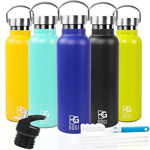 BOGI 600ml Trinkflasche Edelstahl Wasserflasche Thermobecher Doppelwandige-für das Laufen, Fitness, Yoga, Im Freien Outdoor Sport und Camping mit 2 auswechselbaren Kappe(Dark Blue) von BOGI