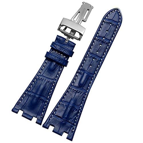 BONOOL Krokodilleder-Faltschließe 28-mm-Uhrenarmband für AP 15703 26470SO Royal Oak Offshore Herren-Krokodil-Sportuhrenarmband (Bandfarbe: Blau-Silber, Bandbreite: 28 mm) von BONOOL