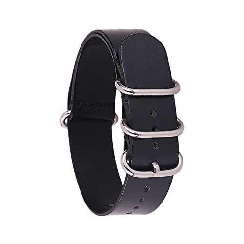 BONOOL Lederarmband für Herren und Damen, silberfarben, schwarz, Ringschnalle, Armband, Bandzubehör, 14 mm, 16, 18 mm, 20 mm, 22 mm, 24 mm, passend für NATO, passend für Zulu-Uhrenarmband von BONOOL