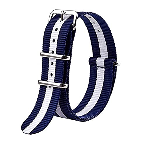 BONOOL Strapazierfähiges Nylon-Canvas-Armband, 18 mm, 20 mm, 22 mm, gestreift, modisches Ersatz-Uhrenarmband, Nylon, passend für NATO-Armband, Uhrenarmband (Farbe: Blau, Weiß, Größe: 22 mm) von BONOOL