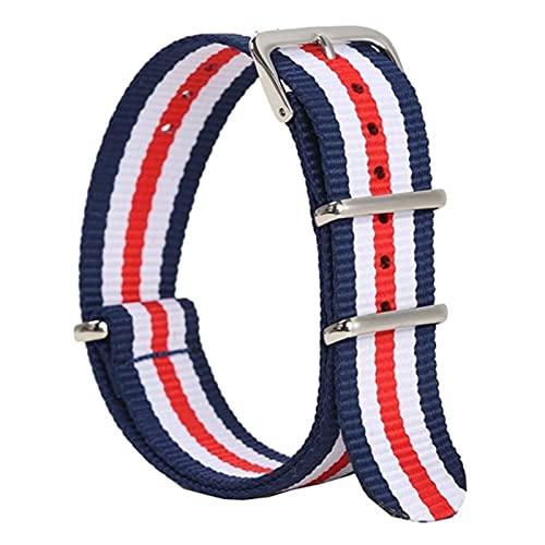 BONOOL Strapazierfähiges Nylon-Canvas-Armband, 18 mm, 20 mm, 22 mm, gestreift, modisches Ersatz-Uhrenarmband, Nylon, passend für NATO-Armband, Uhrenarmband (Farbe: Blau, Weiß, Rot, Größe: 22 mm) von BONOOL