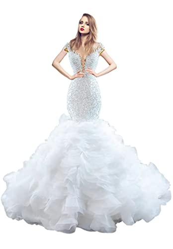BONOOL Weißes Meerjungfrau-Hochzeitskleid, luxuriöses Brautkleid mit Rüschen und tiefem V-Ausschnitt von BONOOL