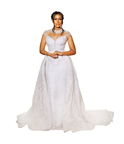 BONOOL Wunderschönes Spitzen-Meerjungfrau-Brautkleid mit abnehmbarem, hochgeschlossenem Tarin-Brautkleid mit Perlenapplikationen und Flügelärmeln von BONOOL